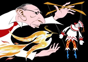 Igor Stravinsky - caricature of the Russian composer with a firebird and Petrushka from his ballet The Firebird